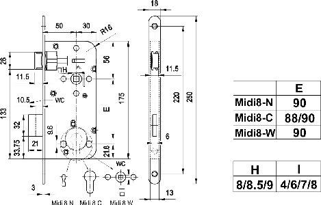 Midi 8-W bevésőzár