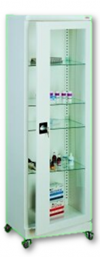 Sml 111 görgős, üvegajtós orvosi szekrény/műszerszekrény (60 cm, 1 ajtós, 4 üvegpolc)