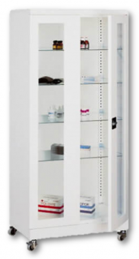 Sml 113 görgős, üvegajtós orvosi szekrény/műszerszekrény (100 cm, 2 ajtós, 4 üvegpolc)