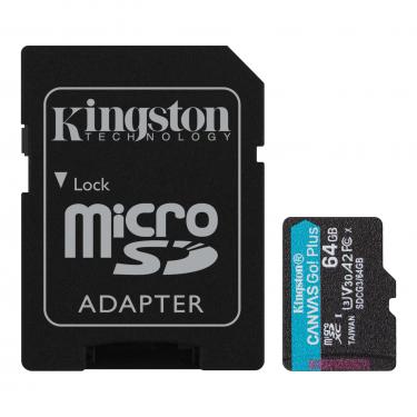 Kingston MicroSDXC 64GB Canvas Go! Plus memóriakártya R170 U3 A2 V30 + Adapter 